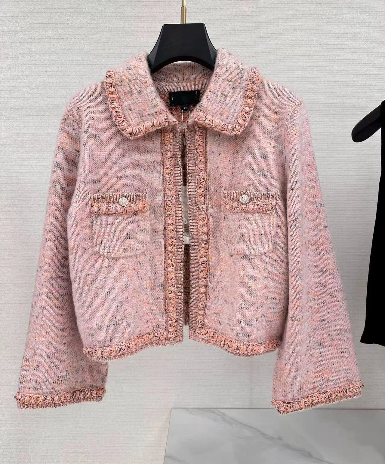 2025 autumn and winter contrasting colors doll collar heavy industry handmade crochet bead lapel light purple short knitted cardigan women