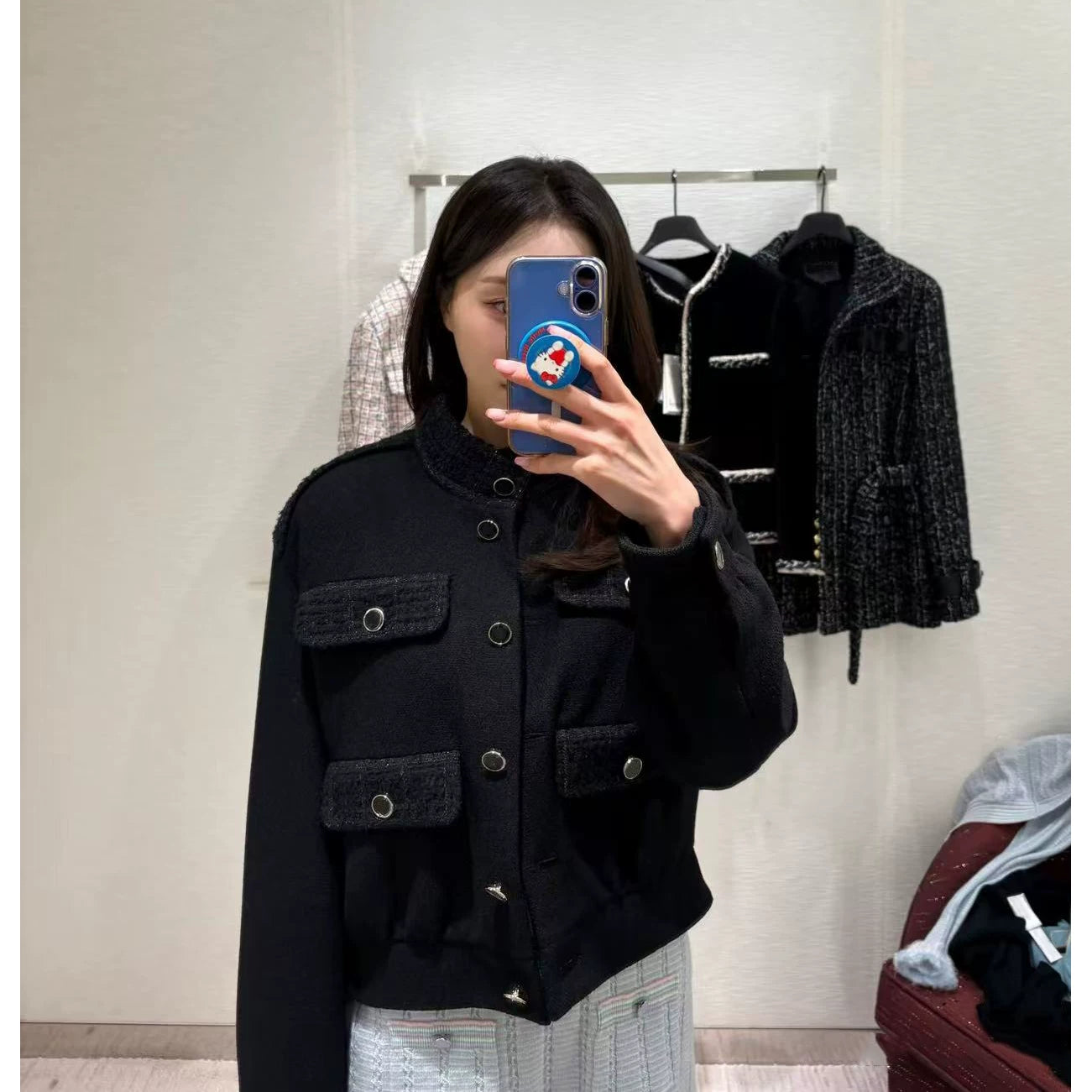 2026 early spring contrasting colors heavy industry classic high-end tweed splicing stand-up collar four pockets black jacket short coat