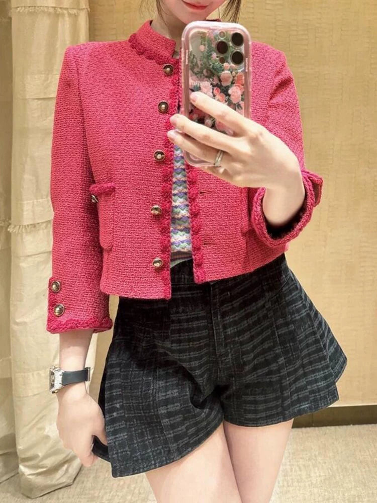 25 coats, women's stand-up collar, short skirts, vest sets, wool tweed, rose red, celebrity temperament women's clothing