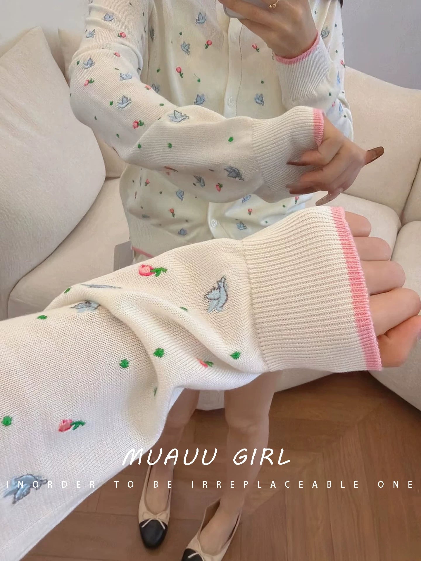 Spring and summer 26ss June MUAUU GIRL soft cute girl! 26SS Heavy Industry letter small floral embroidery long-sleeved knitted cardigan top