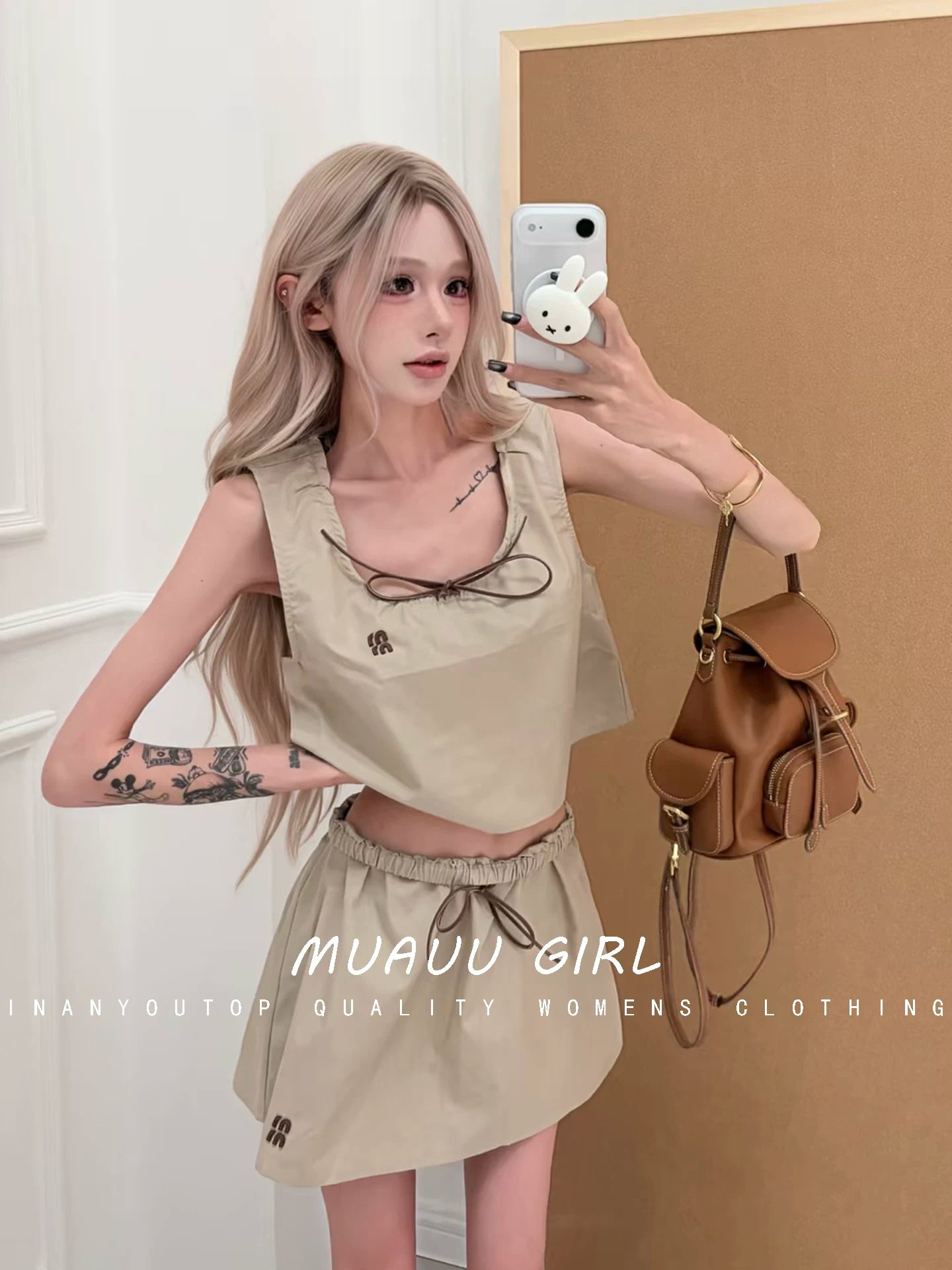 Spring and summer 26ss June MUAUU GIRL pure and lovely! 26S new letter embroidered drawstring lace-up vest + short skirt + dress