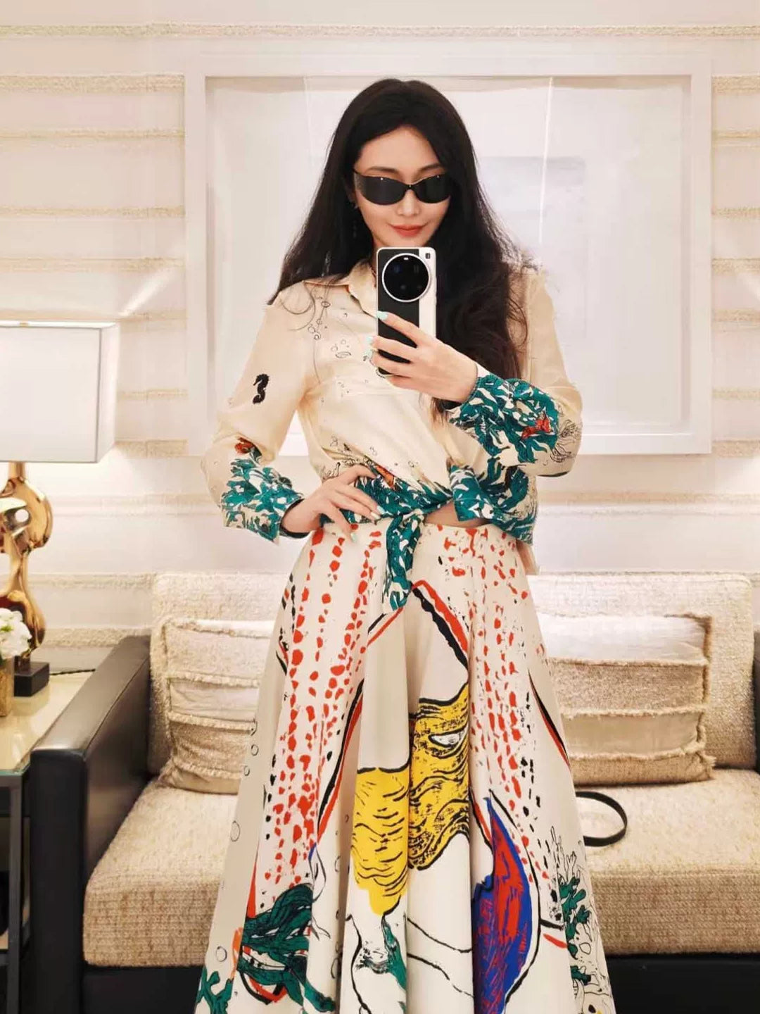 Spring and summer 26ss June, Nanyou 26 summer new underwater world print versatile and thin turned loose collar shirt top + A-shaped skirt