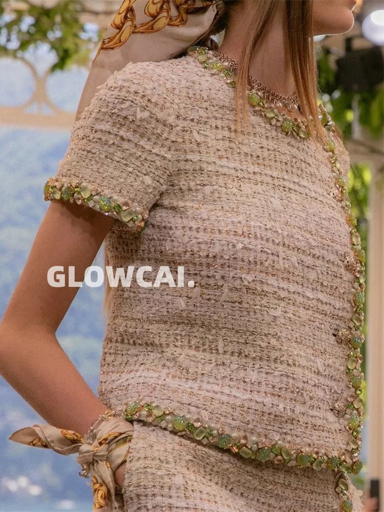 Spring and summer 26ss June 26c Fragrant wind vacation series daughter heavy industry rice gold tweed green bead short-sleeved crew neck jacket top
