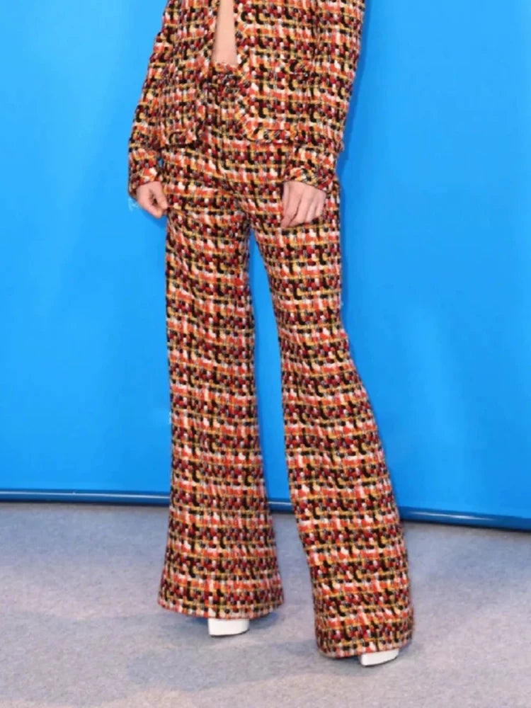 25 autumn and winter new celebrity temperament suit jacket wide-leg pants women's bell pants soft tweed color weaving