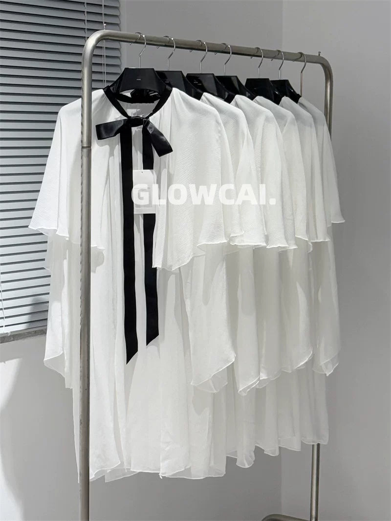 Spring and summer 26ss June, mulberry silk~ 25s spring and summer white moonlight fairy white bow strap shawl cape shirt temperament top