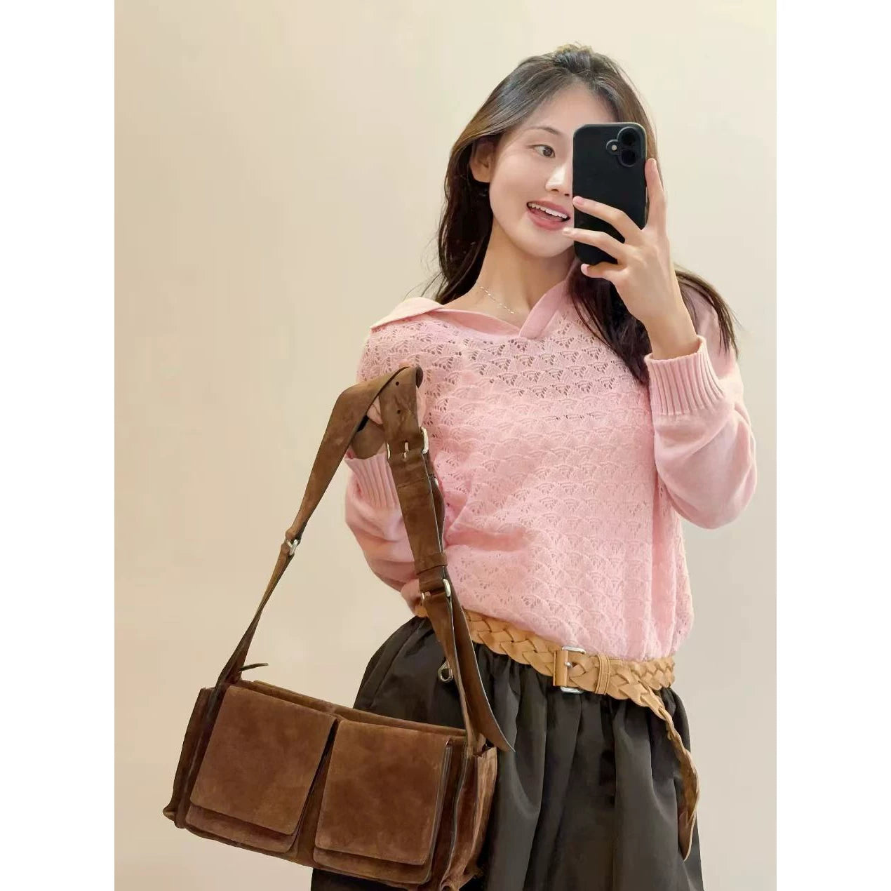 2026 Early Spring College Style Design Sense Gentle Wind V-Neck Letter Embroidery Hollow Knitting Soft Long Sleeve Top Women