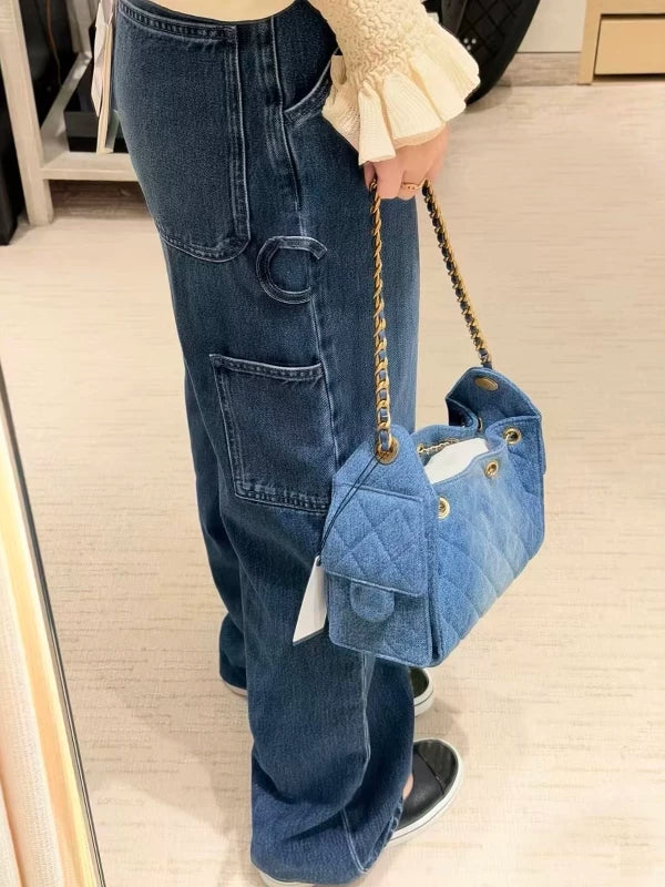 Spring and summer 26ss June, Nanyou haute couture 26 early spring new product side letters double pockets natural waist wash straight wide leg jeans women