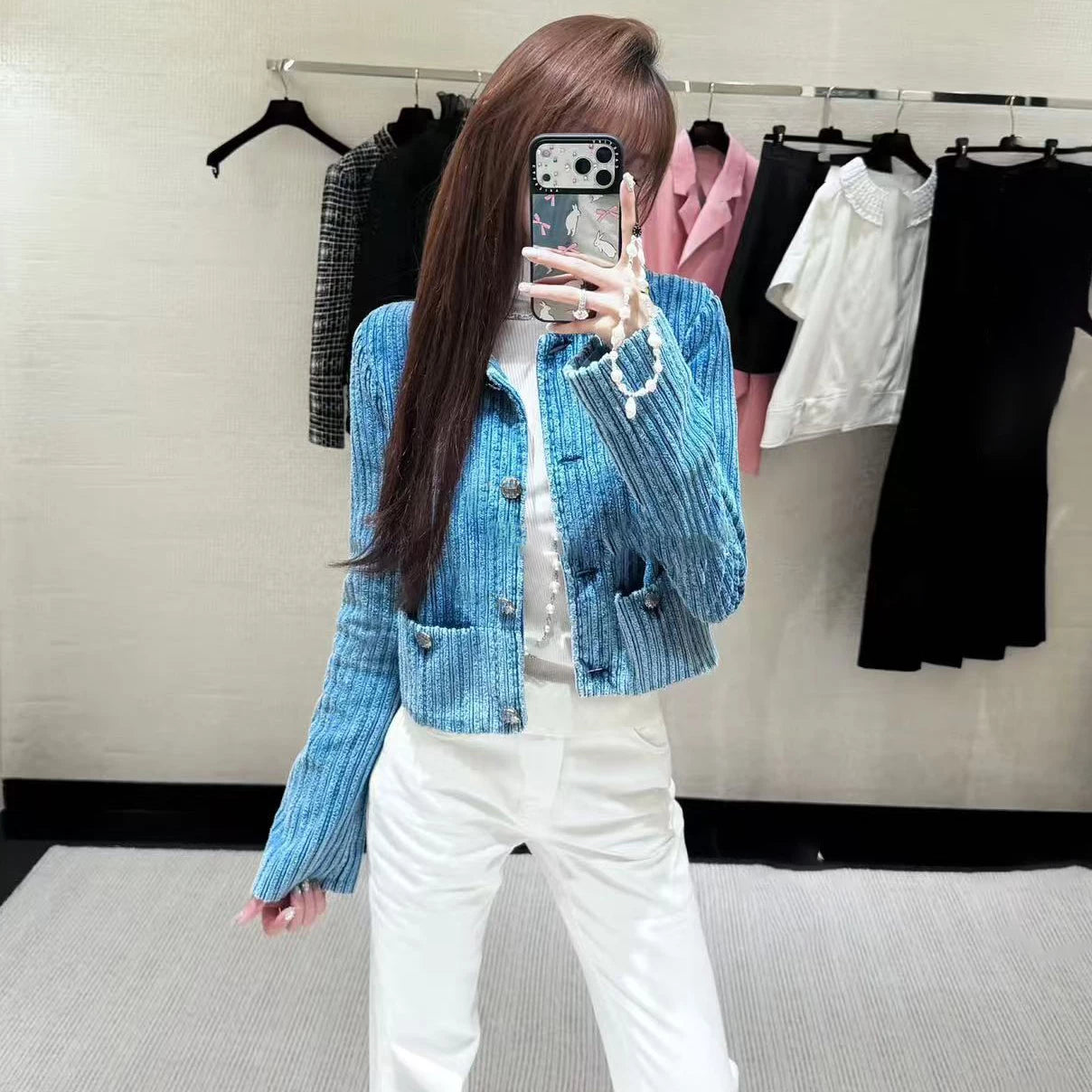 2026 early spring high-end heavy industry retro blue shiny corduroy foreign style fashionable jacket short coat cardigan