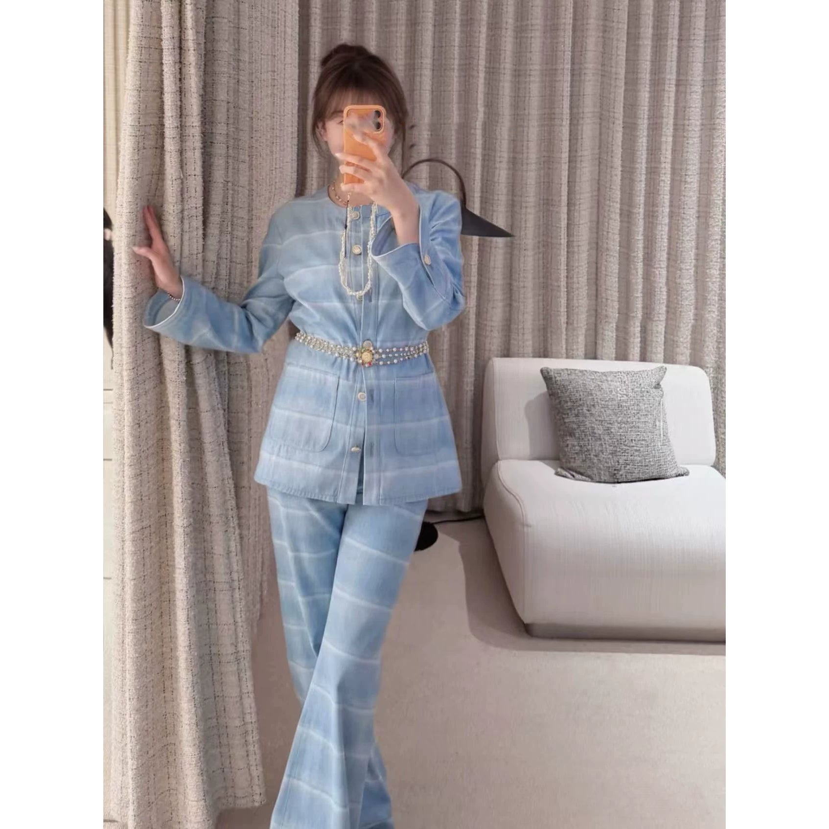 2025 autumn and winter fashion foreign style washed blue and white striped single-breasted cardigan jacket high waist straight wide-leg pants