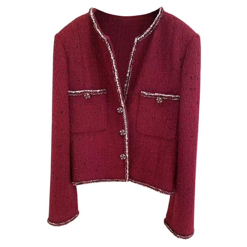 Burgundy plaid short coat women's spring and autumn Christmas and New Year coarse flower padded wool woven top