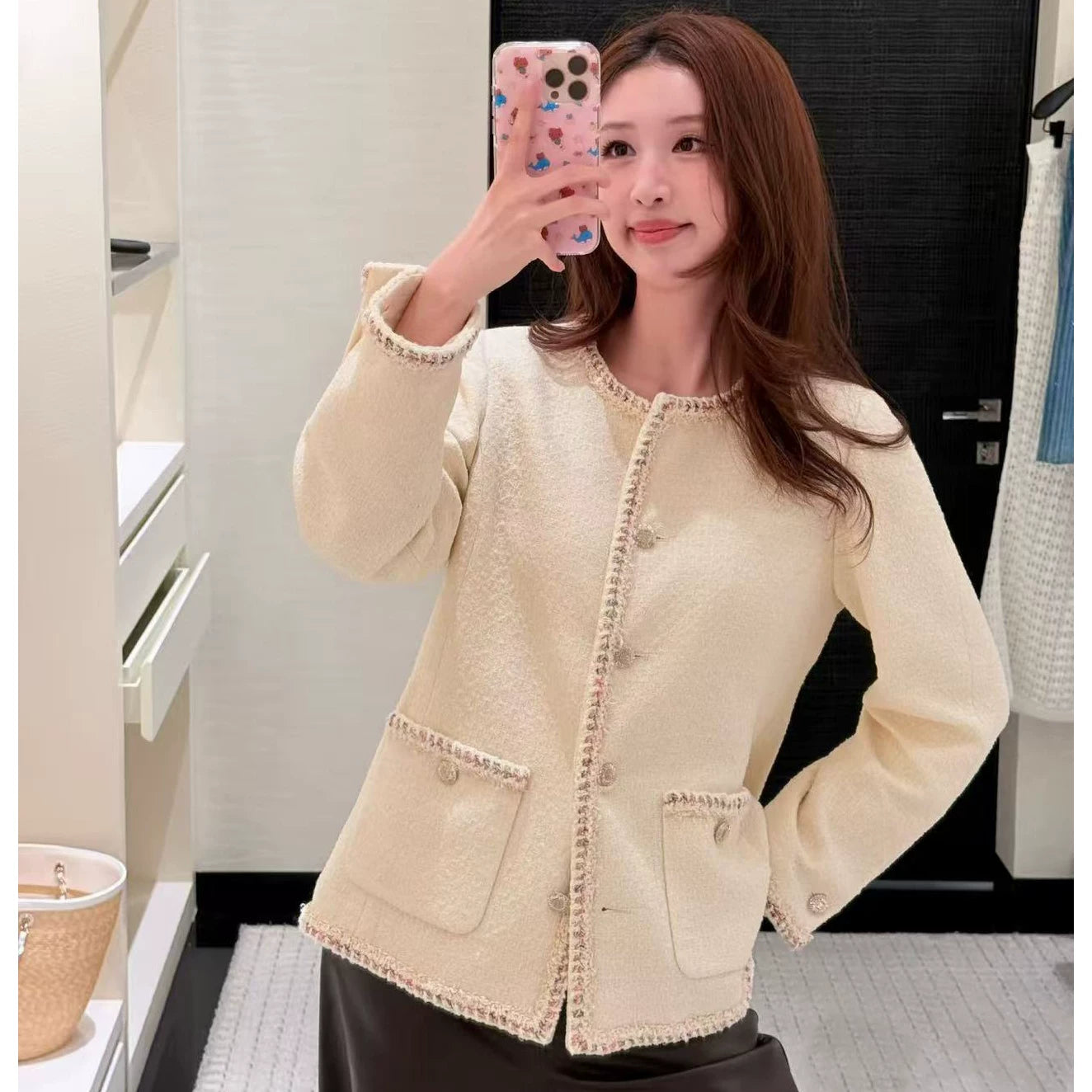 2025 autumn and winter French high-end contrasting tweed heavy industry weaving celebrity temperament round neck single-breasted coat women
