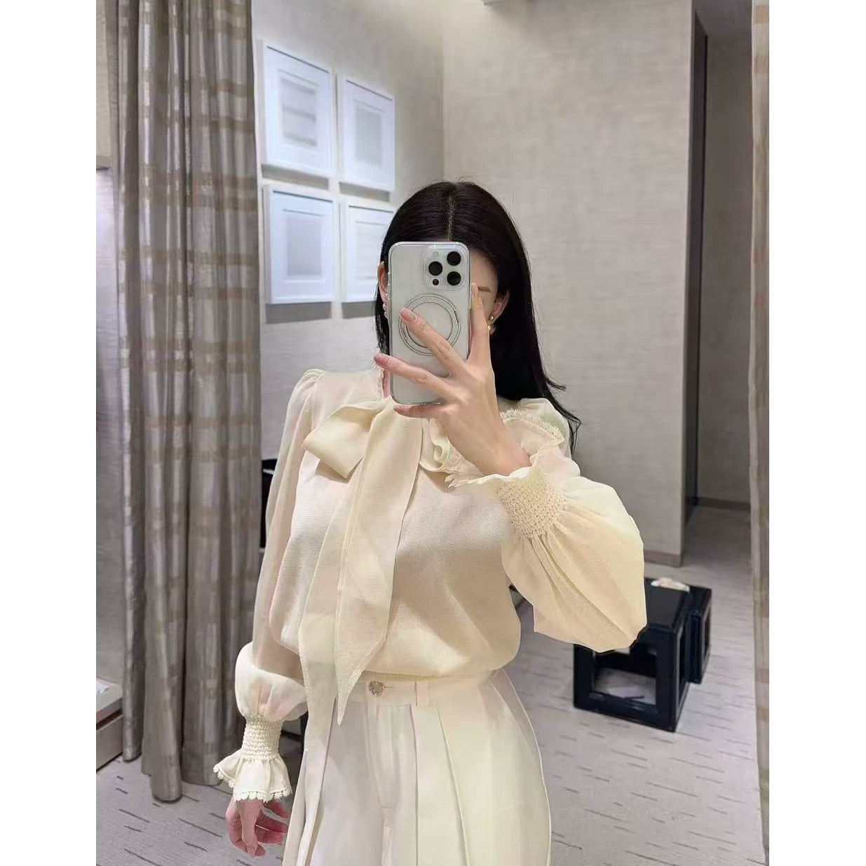 2026 early spring French design bow streamer foreign style cute girl age reducing mulberry silk shirt long sleeve top