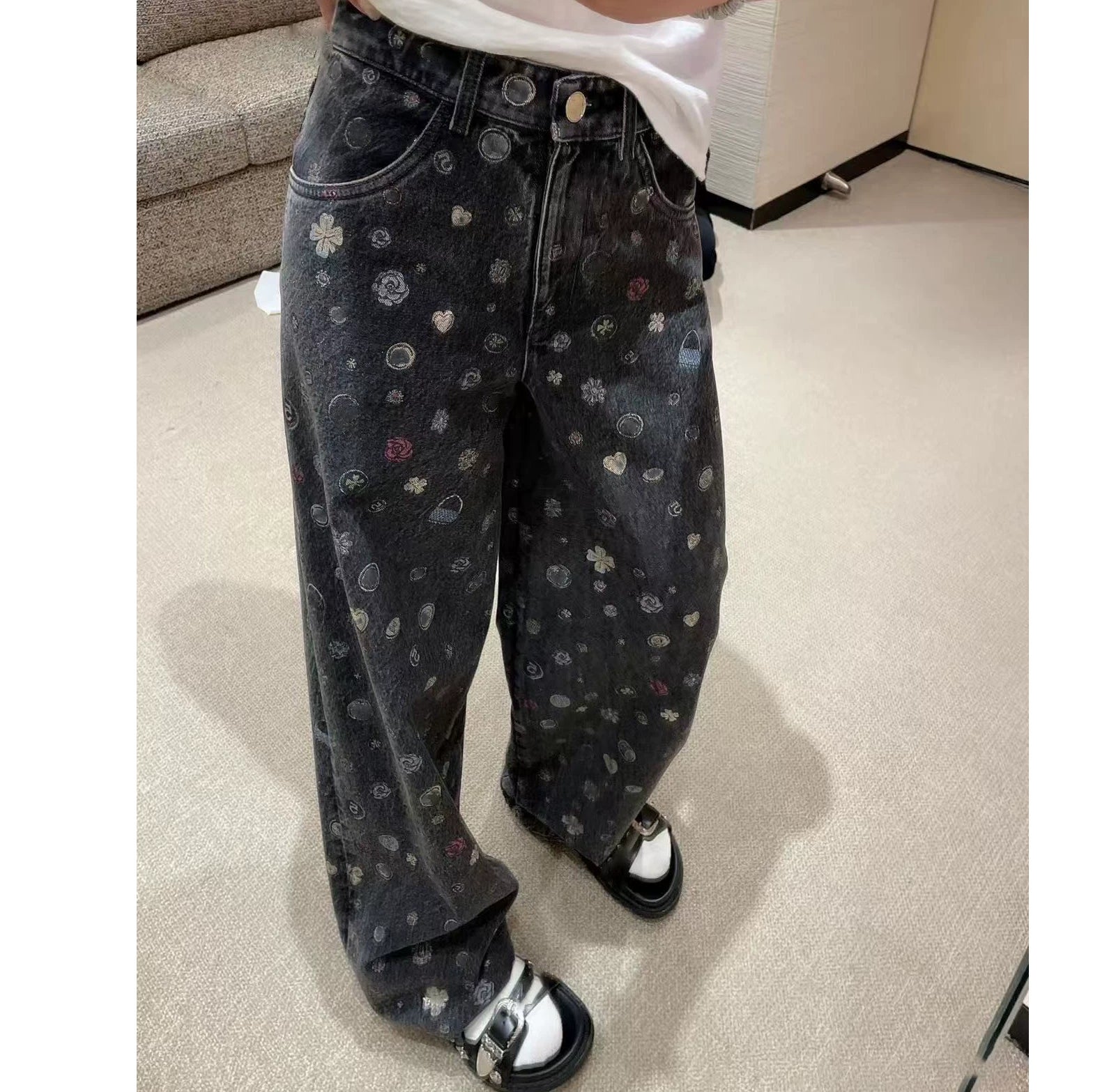 2025 autumn and winter design sense printing washed multi-element high-waisted pants show thin legs long jeans wide-leg pants women