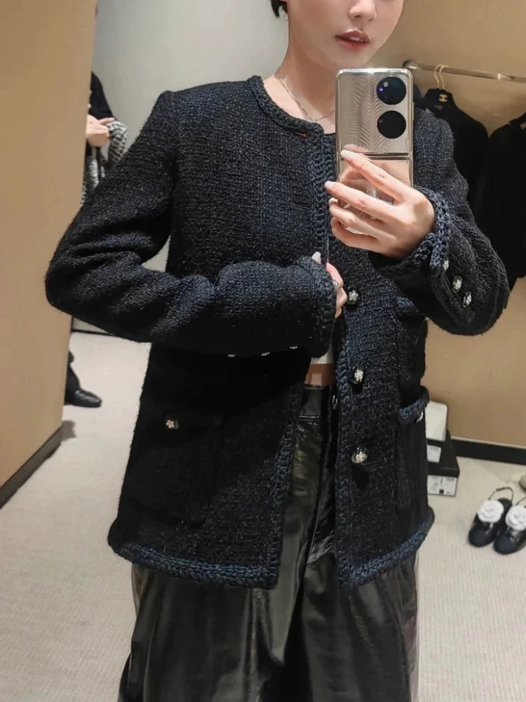 Autumn and winter new coat women's crew neck long sleeve four pockets wool blend classic black tweed top