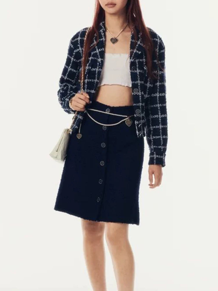 25 New suit jacket jacket skirt button skirt dark blue twill woven soft tweed two pieces