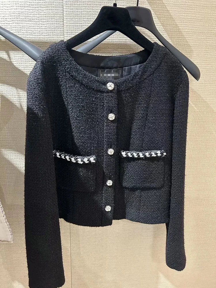 Jin Zhini has the same short coat, socialite temperament, round neck, long sleeve, high-end wool tweed top.