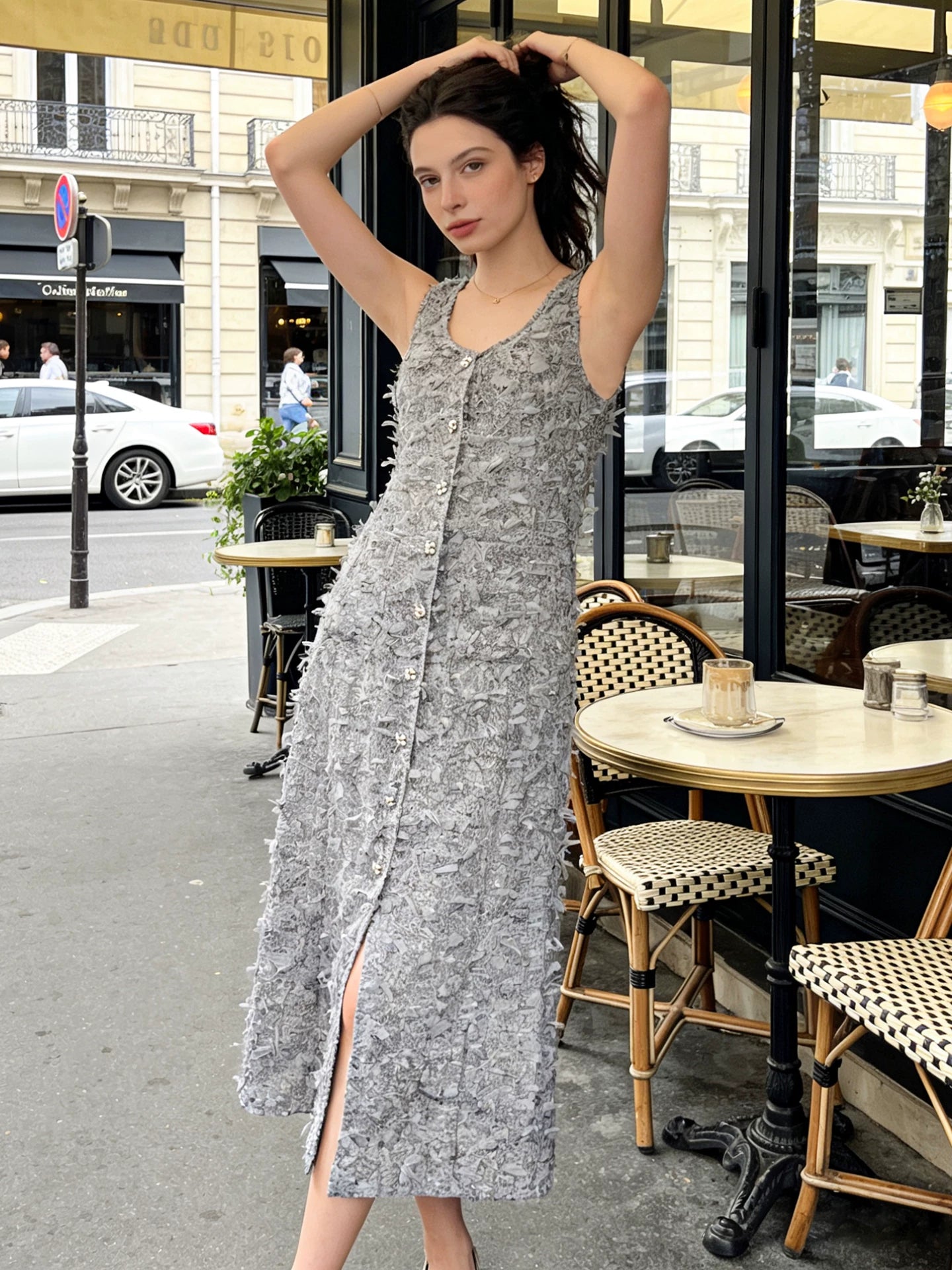 Spring and summer 26ss June 2026 French retro dress women's medium and long dress design sense thin gray long dress thin holiday style