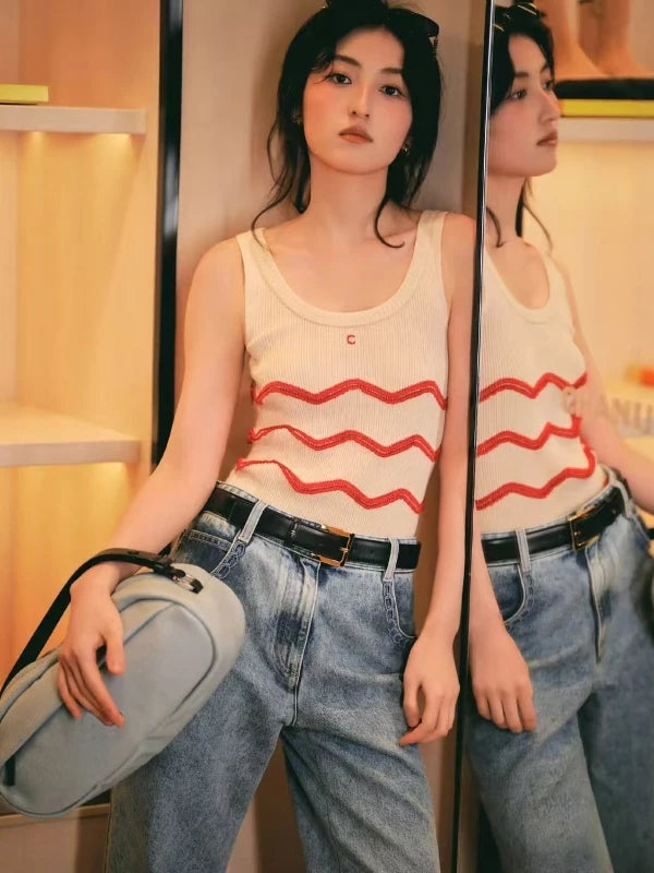 Spring and summer 26ss June, Nanyou haute couture 26M summer new chest letters wavy stripes contrasting color round neck slim knit sling vest