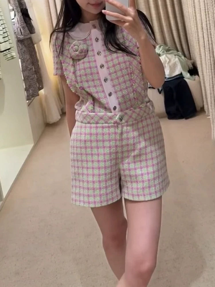 Summer new celebrity suit overalls shorts shirt pink grid wool tweed temperament two-piece women's clothing