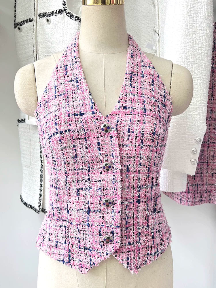 Summer French vest vest for women, neck-hanging plaid backless sexy suspender inside and outside top