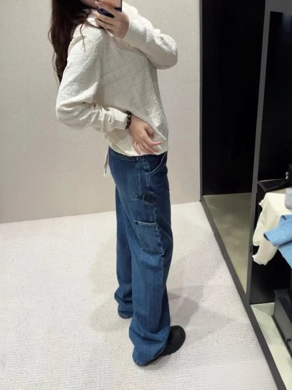 Spring and summer 26ss June, Nanyou haute couture 26 early spring new product side letters double pockets natural waist wash straight wide leg jeans women