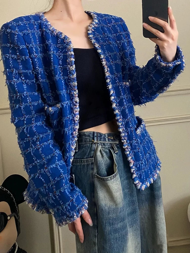Star Wang Yibo same coat women's blue plaid tweed haute couture celebrity temperament couple top