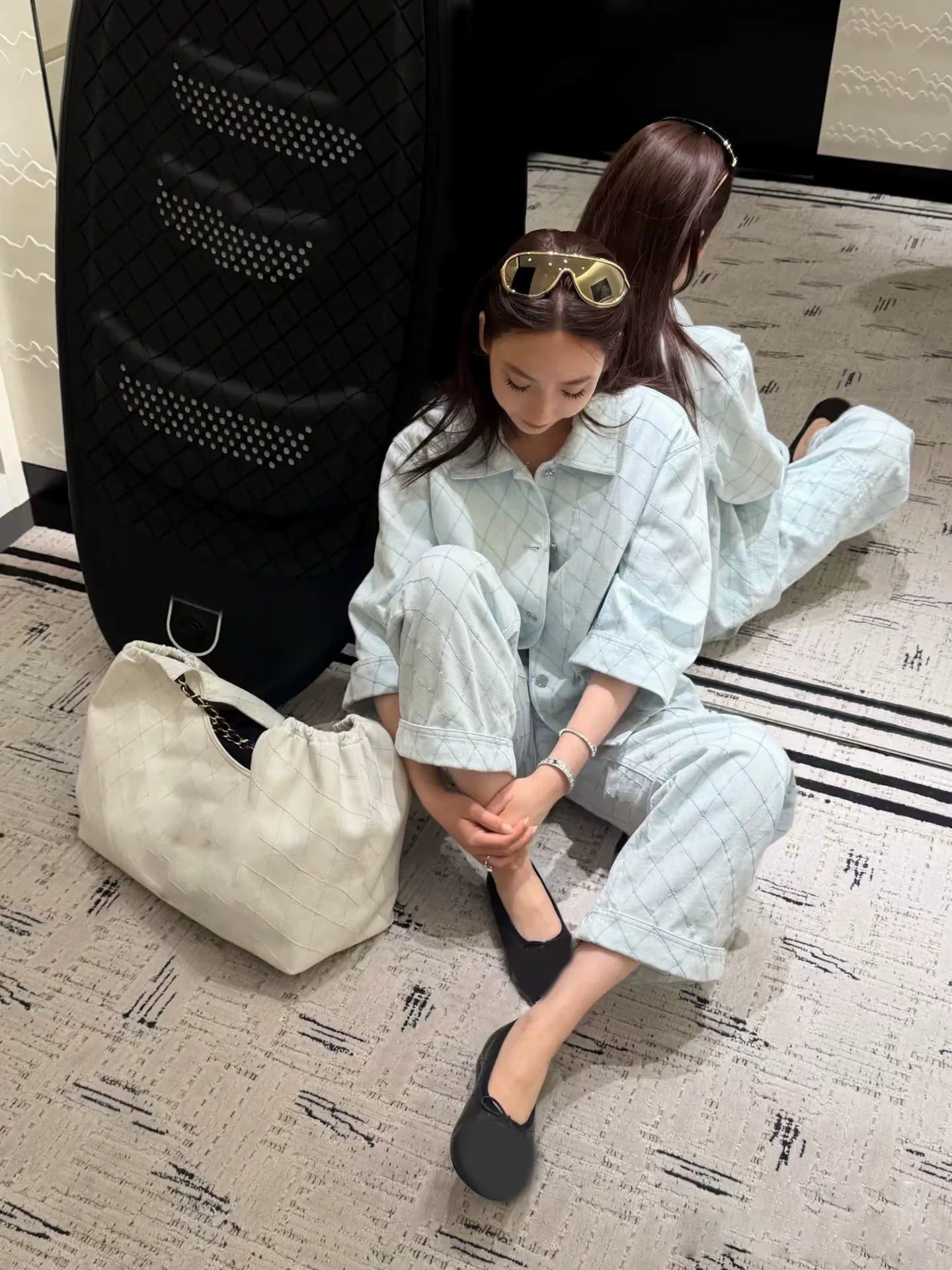 Spring, summer 26ss June, Nanyou summer new island beach embroidered rhombus lapel denim jacket + suspender skirt + trousers + shorts