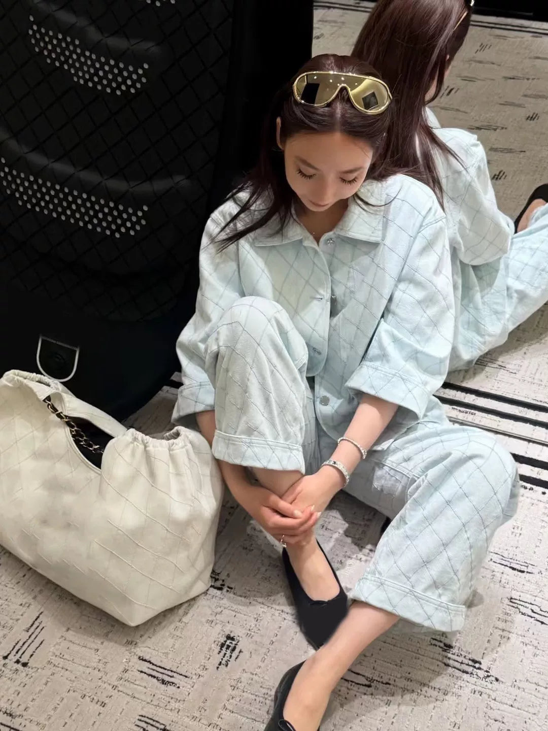 Spring, summer 26ss June, Nanyou summer new island beach embroidered rhombus lapel denim jacket + suspender skirt + trousers + shorts