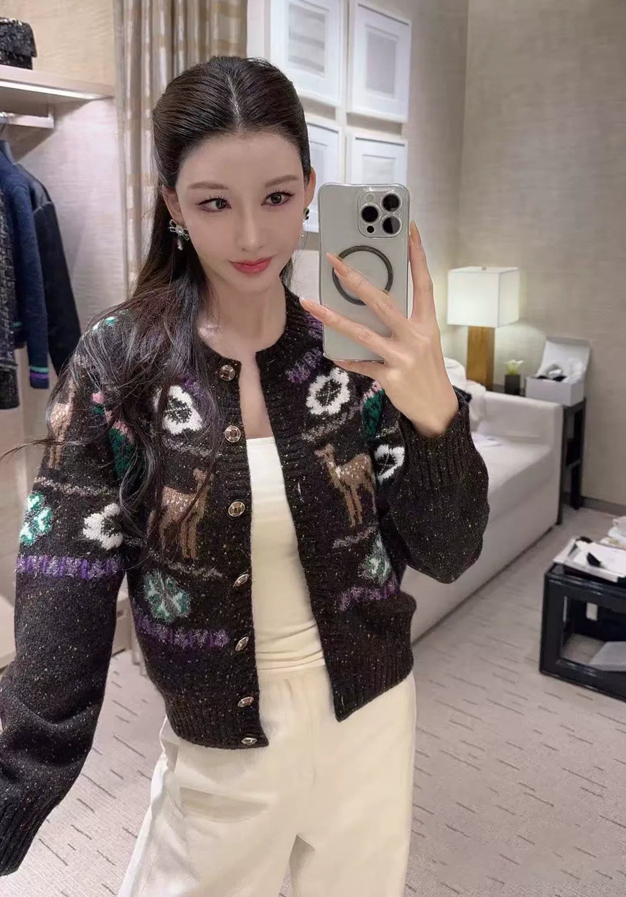 2025 autumn and winter heavy industry animal snowflake multi-element embroidery ski cashmere brown knitted cardigan pullover long sleeve