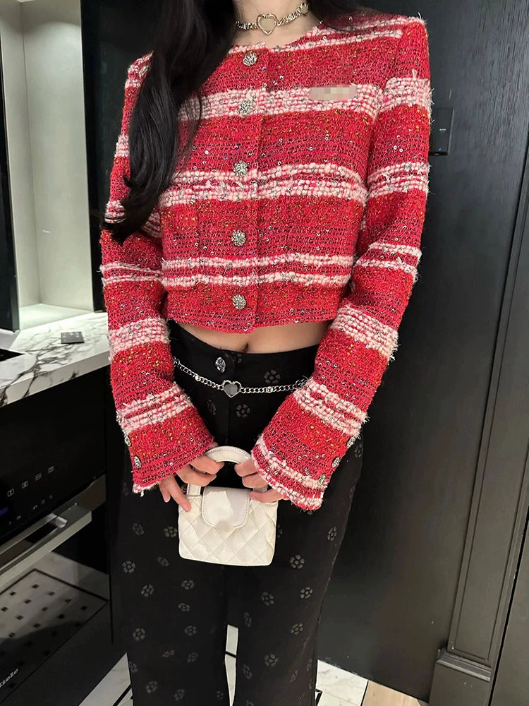 Celebrity temperament sequined striped jacket women's crew neck short top high-end wool tweed women's clothing