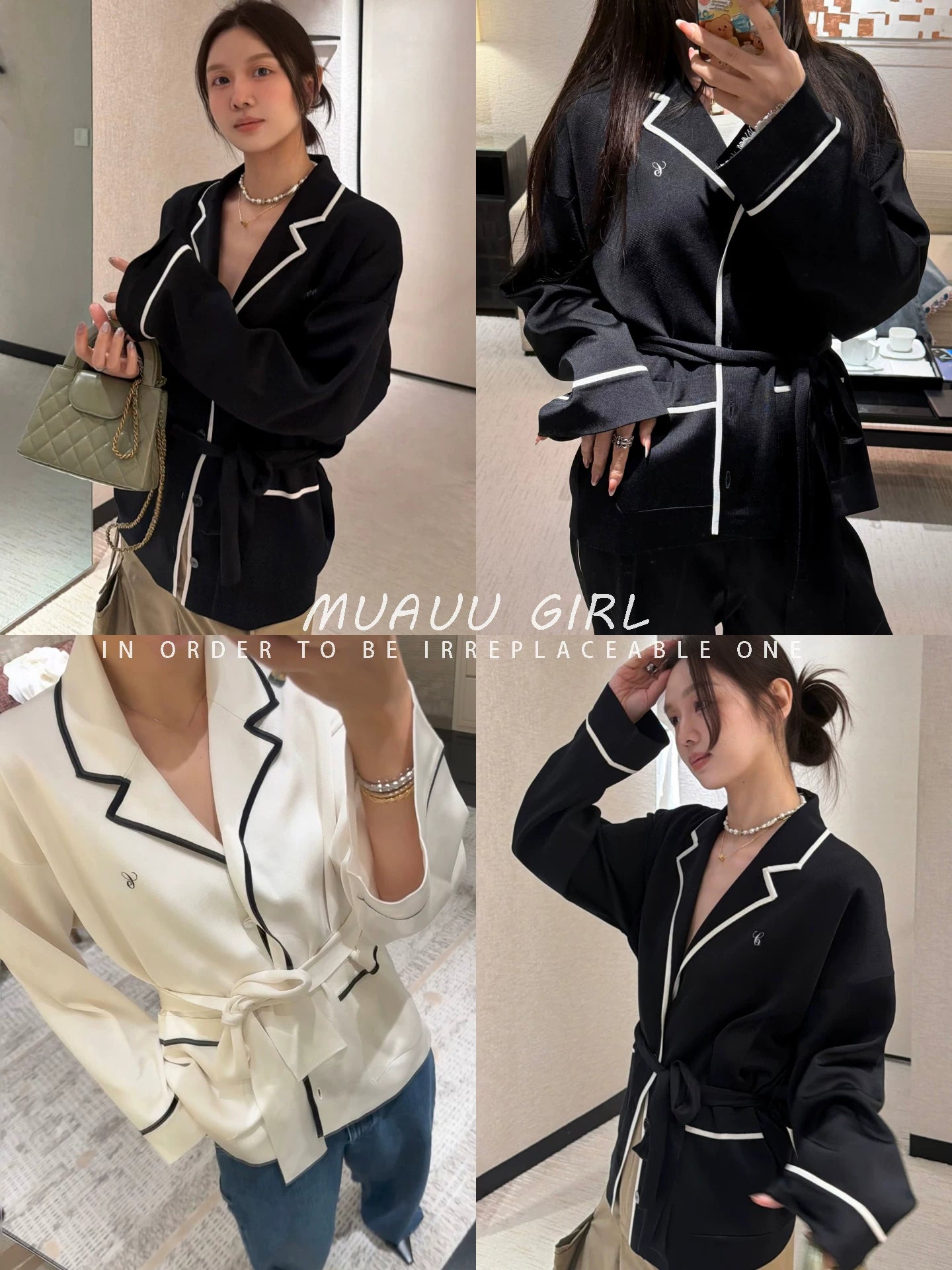 Spring and summer 26ss June MUAUU GIRL heartbeat heroine! 26SS nightgown wind letter embroidery contrasting color collar lace-up long-sleeved cardigan