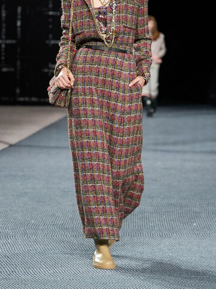 Autumn and winter new wool blended color tweed set, coat skirt, women's long high waist and thin two-piece set