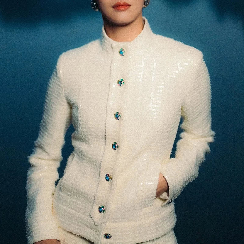 New jacket stand-up collar sequined thin split trousers fried street Internet celebrity fashionable foreign fashion suit women