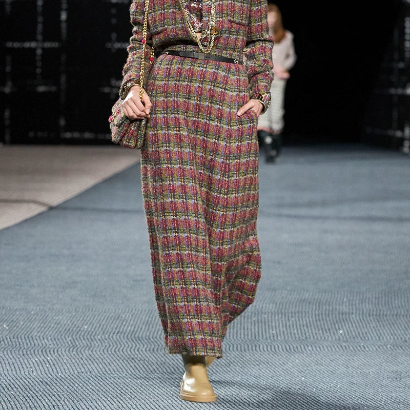 Autumn and winter new wool blended color tweed set, coat skirt, women's long high waist and thin two-piece set