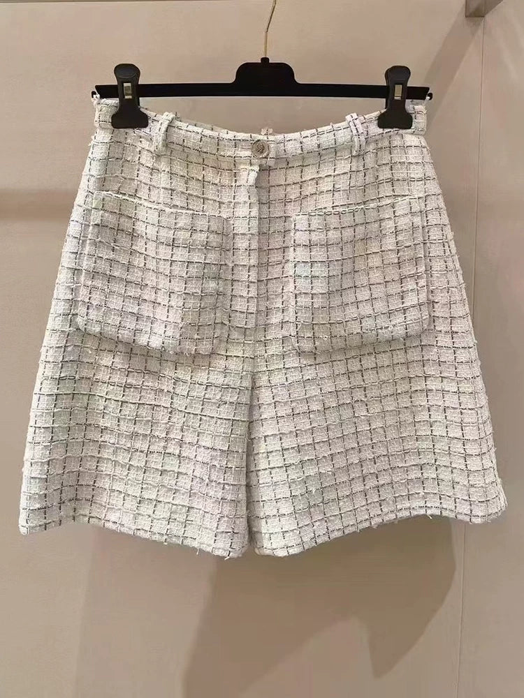 Early spring new shorts women's tweed plaid wide-leg pants temperament versatile and thin high-end women's clothing
