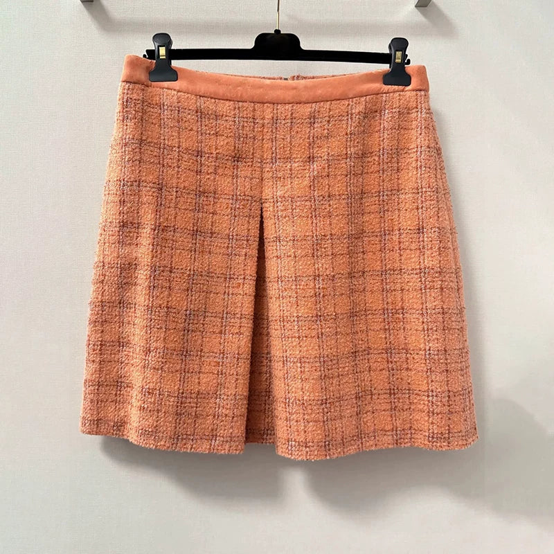 Early autumn new orange plaid jacket skirt female retro celebrity temperament high-end wool tweed suit