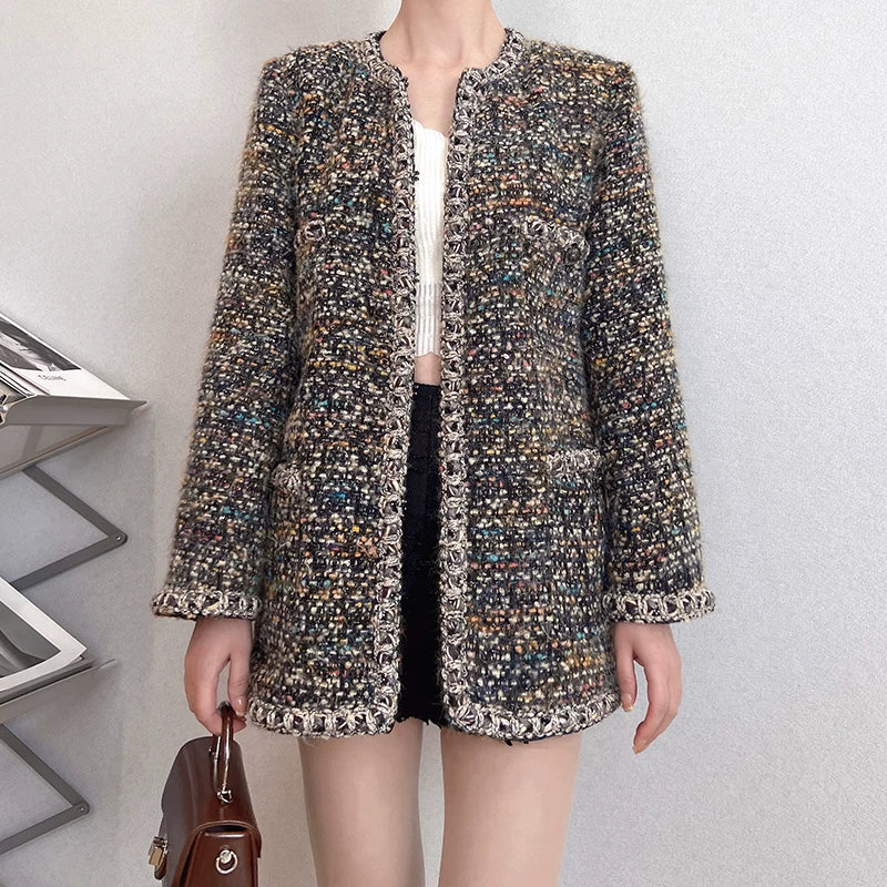 Black gold coat, socialite spring new Chen Weiting wool thickened loose padded coarse tweed top