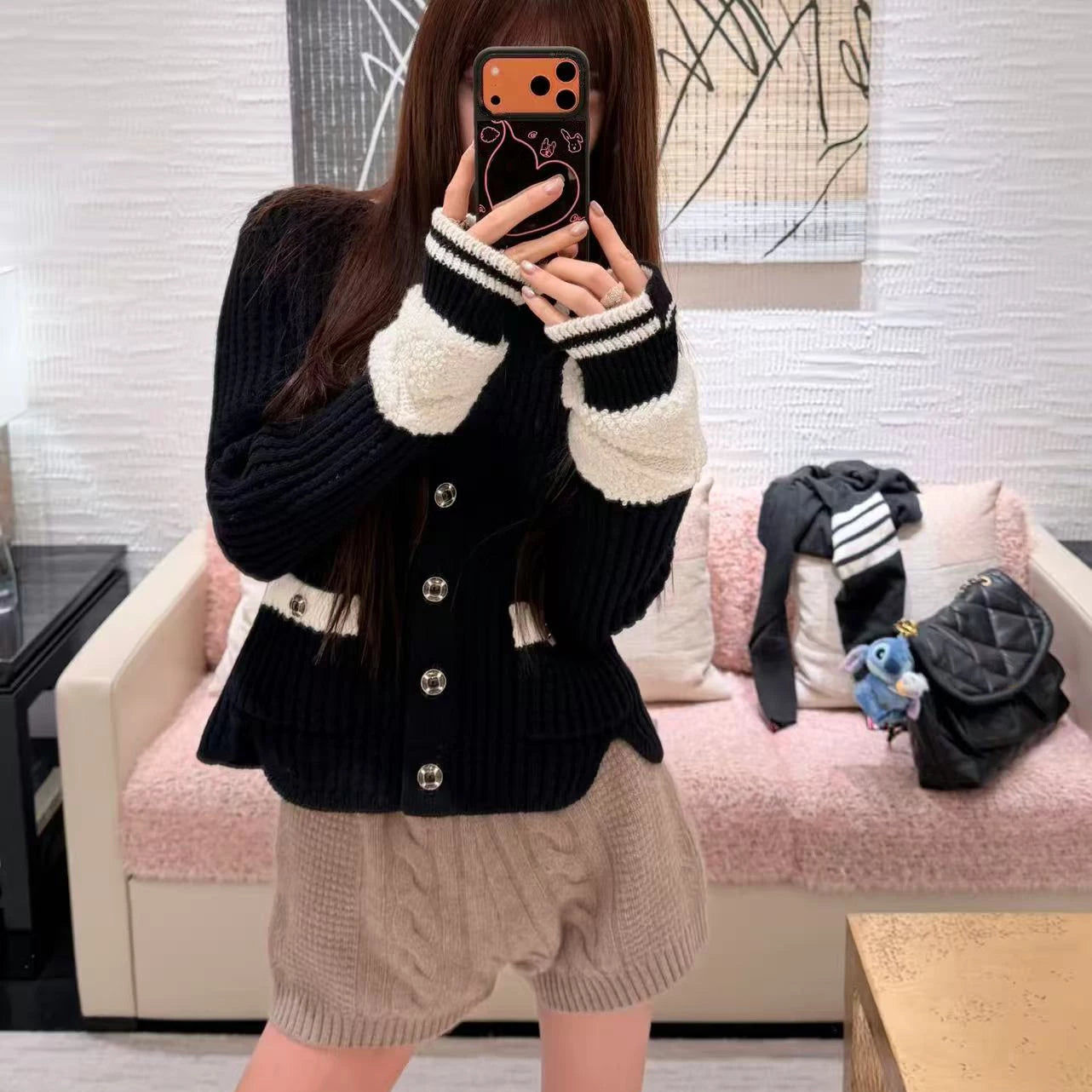 2025 autumn and winter contrasting colors, high-end heavy industry waffle bow slim-fitting and thin knitted cardigan, single-breasted jacket