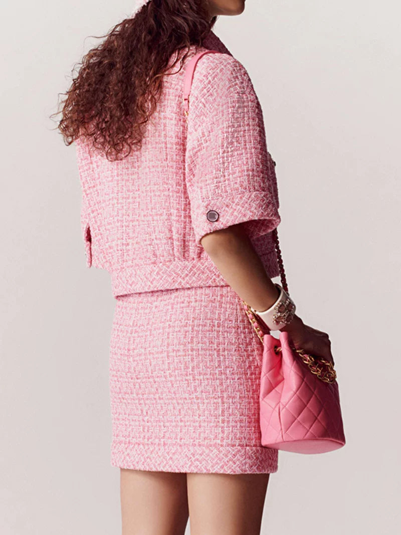 Celebrity style daughter suit short jacket half skirt pink celebrity temperament tweed French high-end sense