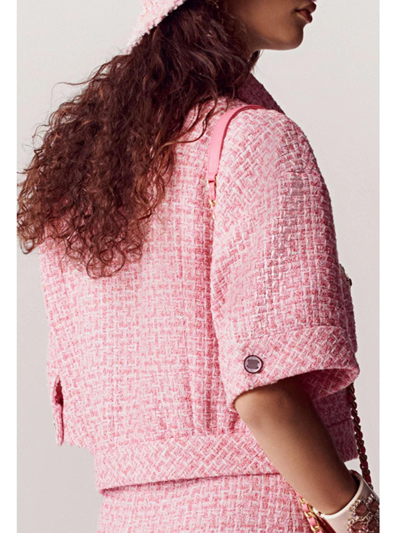 Celebrity style daughter suit short jacket half skirt pink celebrity temperament tweed French high-end sense