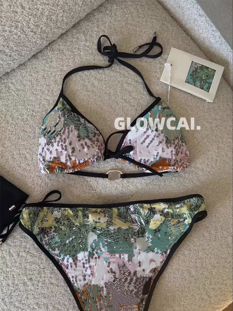 Spring and summer 26ss June 26M beach series resort wind stripe color letter print bow one-piece/two-piece swimsuit bikini