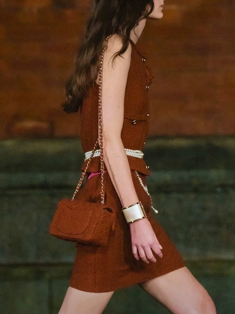 25 Early Autumn Celebrity Suit Vest Skirt Wool Tweed Retro Reddish-Brown Two-piece Women's Clothing