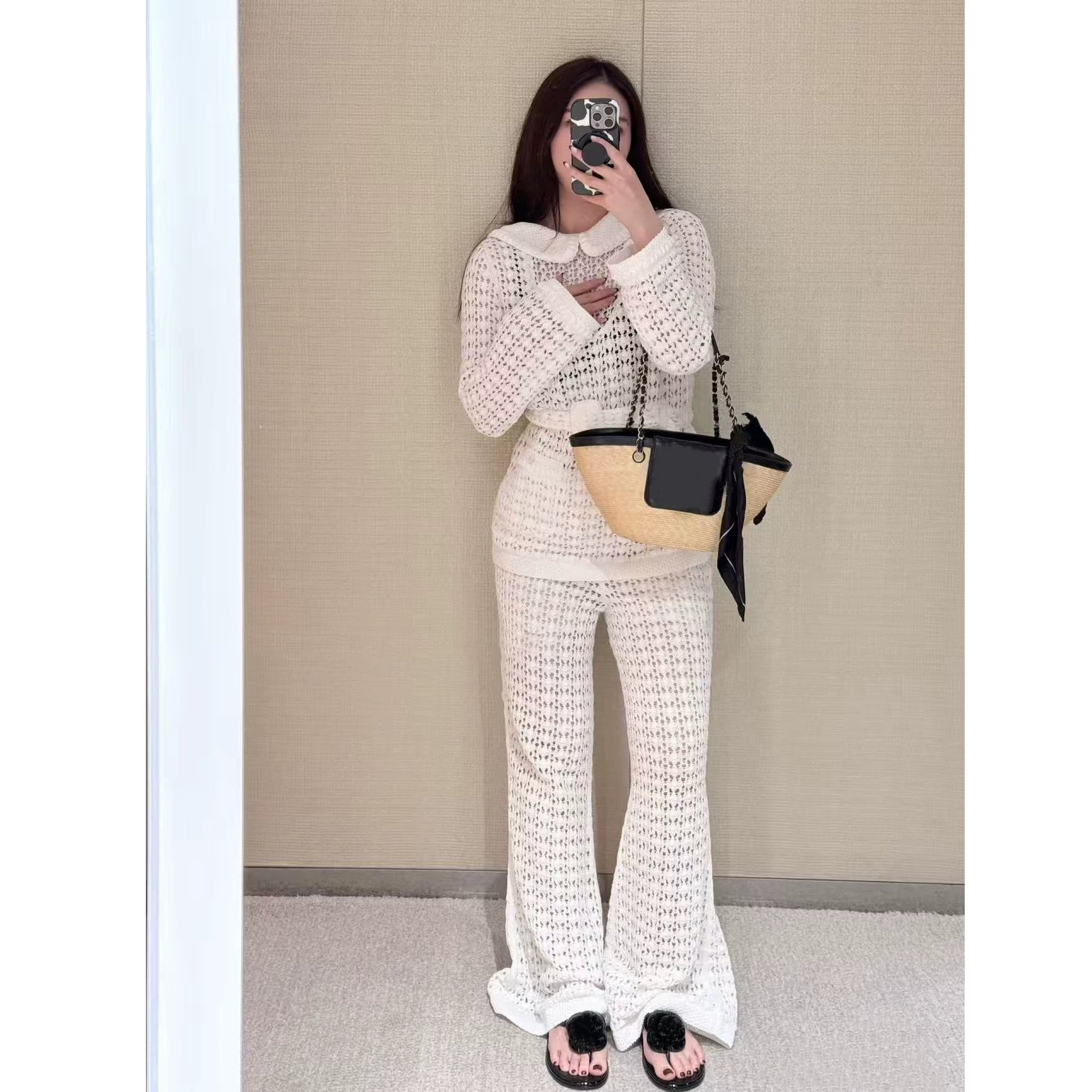 2025 autumn and winter contrasting colors heavy industry premium doll collar white crochet hollow knitted long sleeves + high waist wide leg pants women