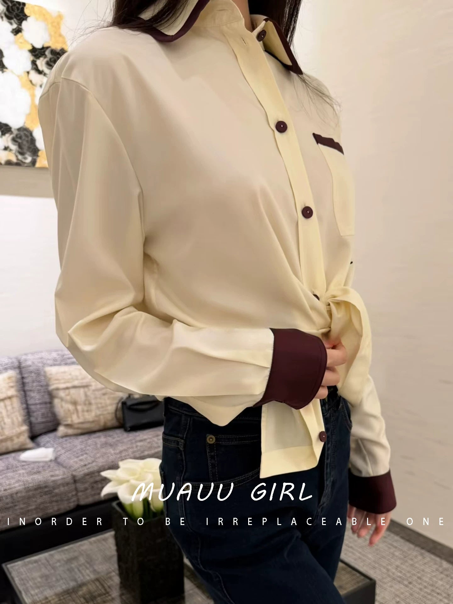 Spring and summer 26ss June MUAUU GIRL Senior Sister Gao Zhi! 26SS commuter style retro contrasting color lapel pocket long-sleeved shirt/vest