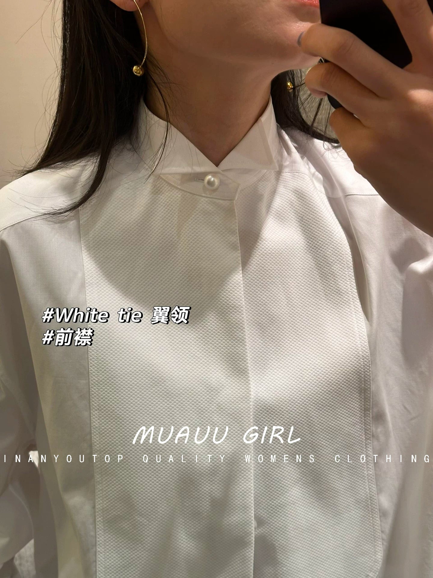 Spring/Summer 26ss June MUAUU GIRL Stylish and Refined! 26SS small stand-collar metal chain detail button decorated long shirt