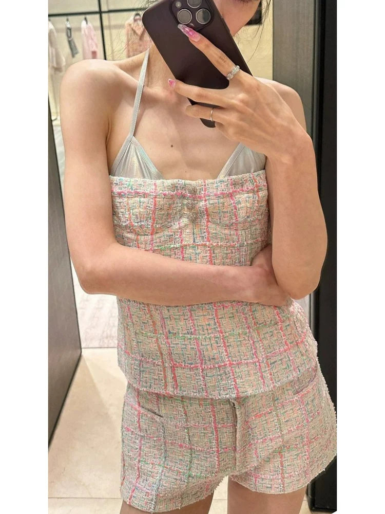 Early autumn new banquet suit elegant stand-up collar national style jacket women's slim sling vest hip shorts three-piece set