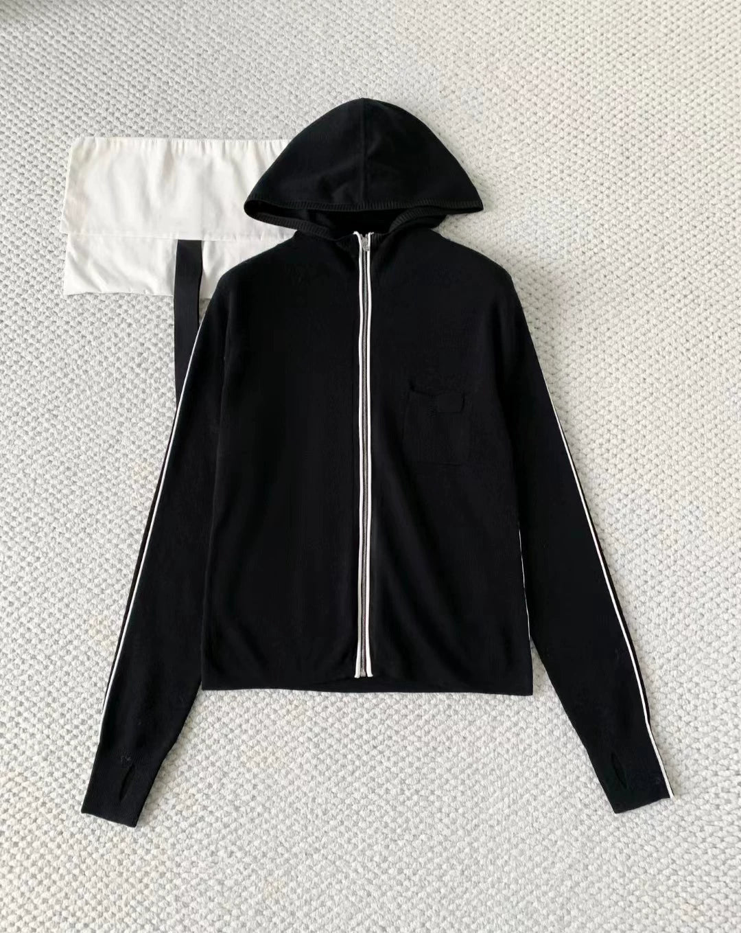 2025 autumn and winter heavy industry skiing letter embroidery slim-fitting thin cashmere knitted hooded zipper long-sleeved cardigan jacket