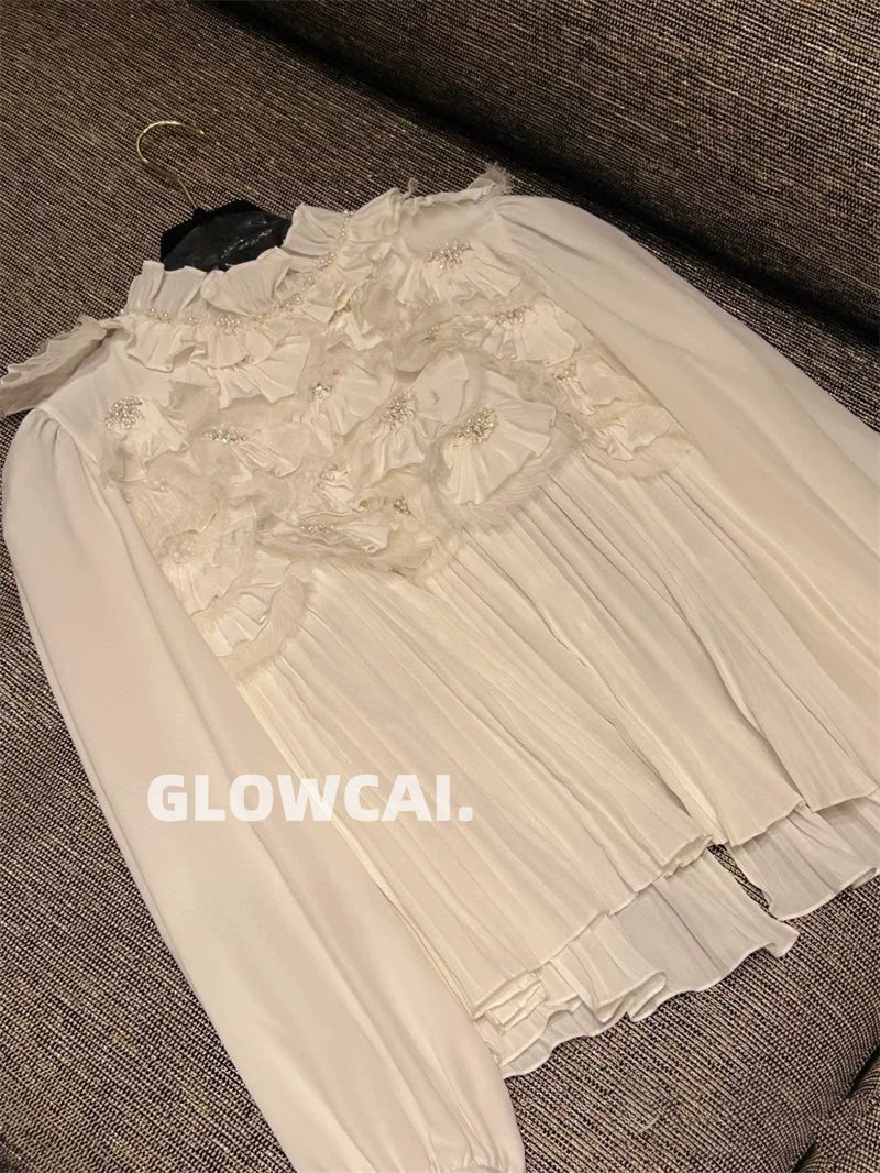Spring and summer 26ss June 26 Spring and summer mulberry silk pearl embellished lace handmade workshop series heavy industry pleated three-dimensional fan design shirt