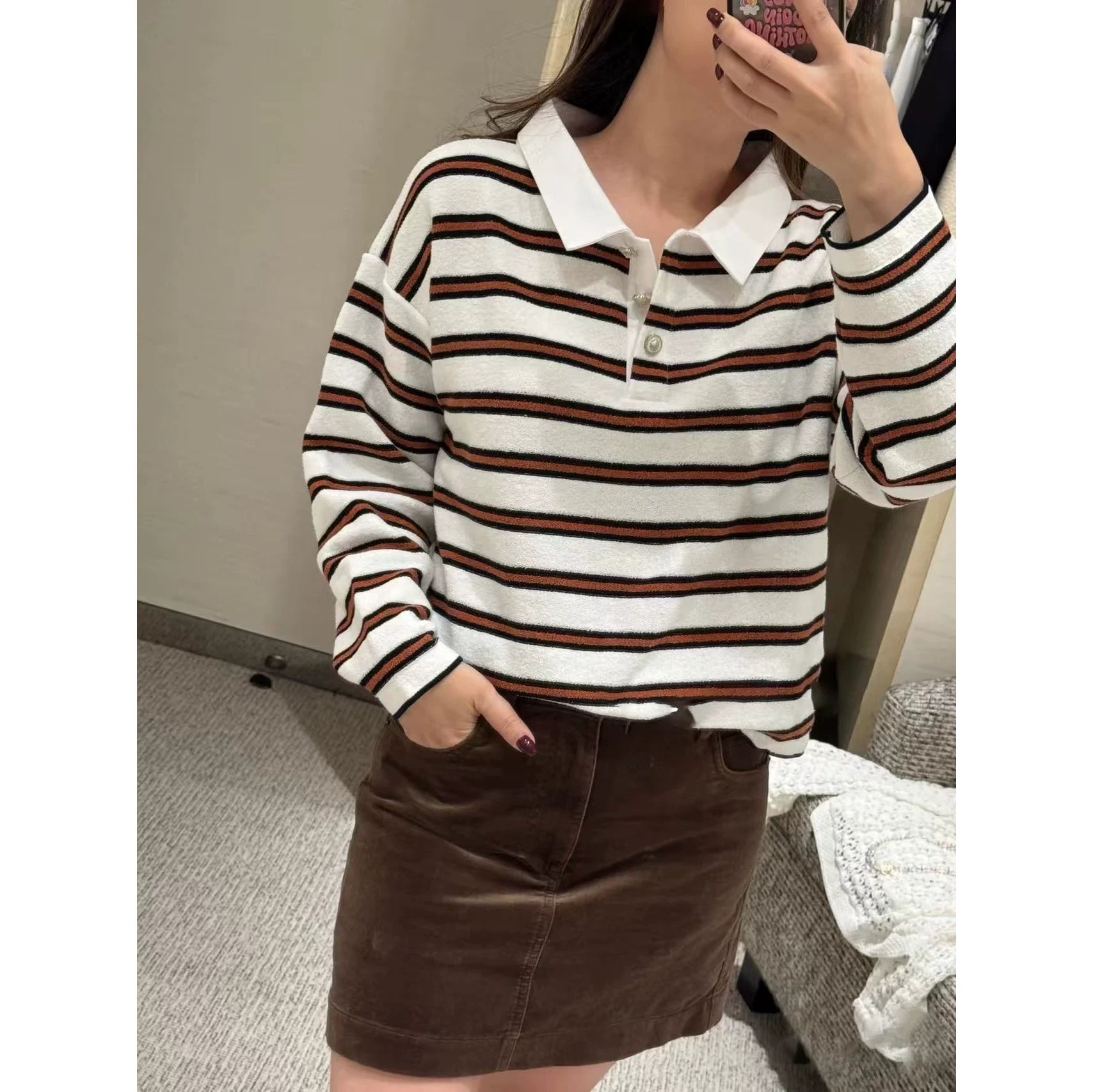 2025 autumn and winter contrasting colors classic age-reducing girl striped polo collar knitted long sleeves + high waist straight wide-leg pants