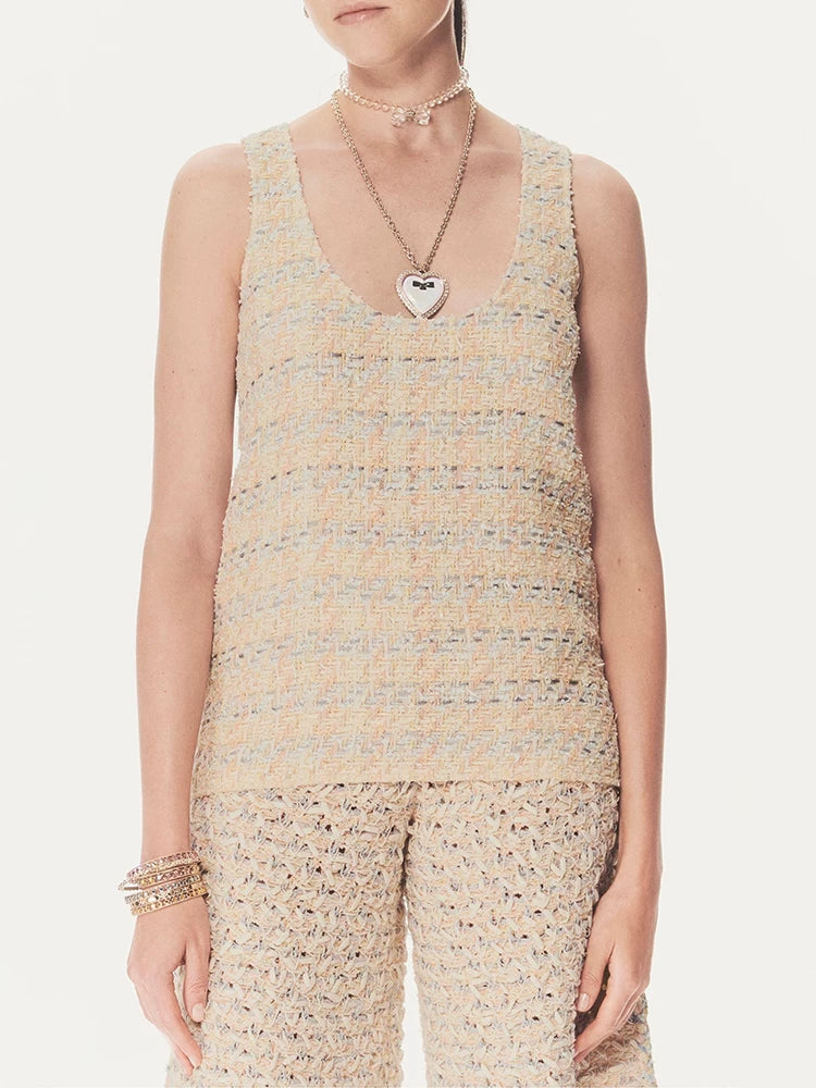 25 Spring and Summer New Vest Women's Sleeveless Suspender Inner Wool Tweed Thin Top Celebrity Women's Clothing